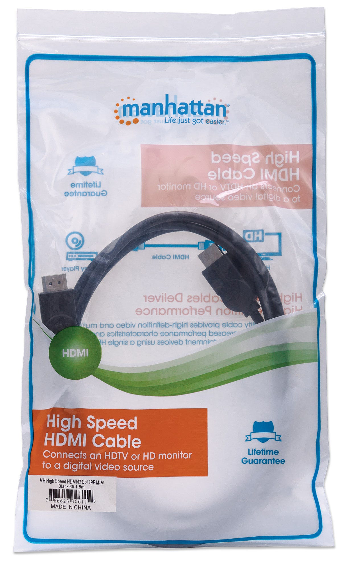 Cable de Video HDMI - HDMI (M-M), Soporta  4K, 3D, 1.8 Metros, MANHATTAN 306119