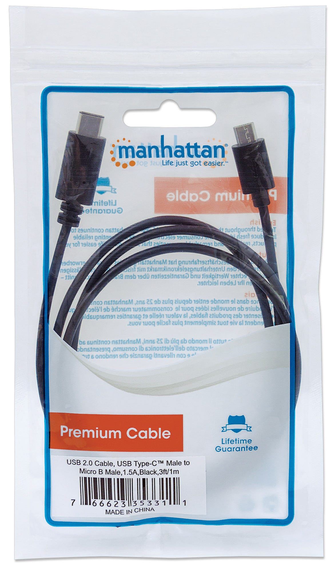 Cable de Datos USB-C -  MicroUSB (M-M), Color Negro, Longitud 1.0 Metros, MANHATTAN 353311
