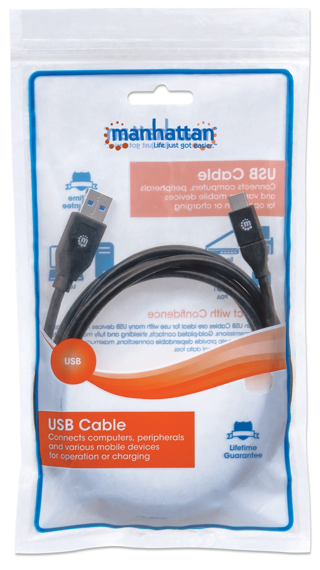 Cable de Datos USB - USB-C (M-M), Color Negro, Longitud 2.0 Metros, MANHATTAN 354974