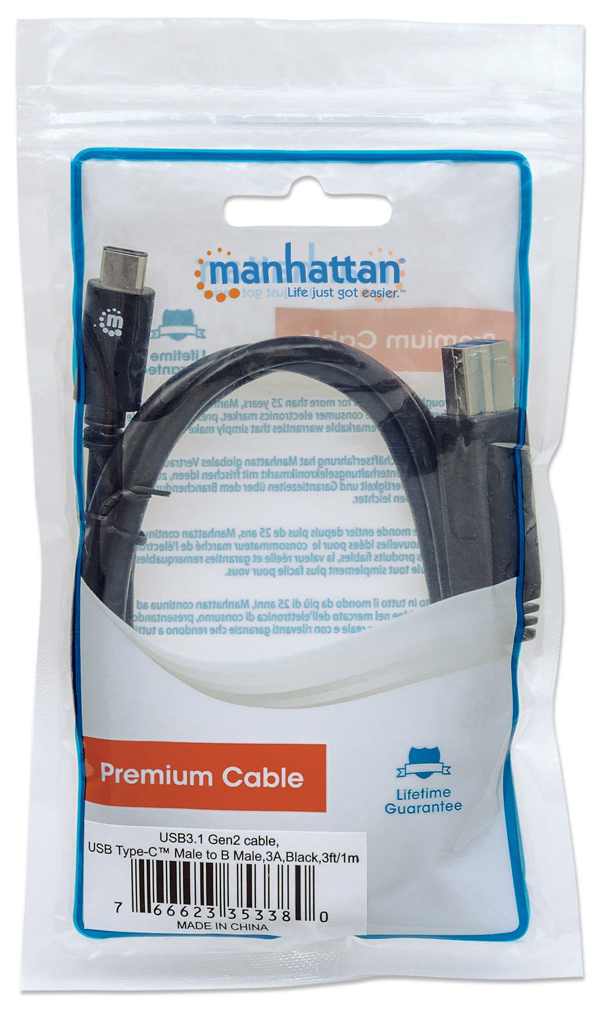 Cable de Datos USB-C - USB-B (M-M), Color Negro, Longitud 1.0 Metros, MANHATTAN 353380