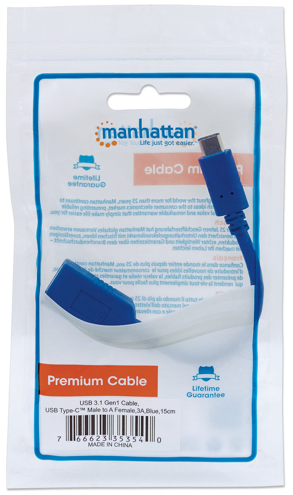 Cable Manhattan USB 3.1 C Macho - USB 3.0 A Hembra, 15cm, 3A, Azul, 353540