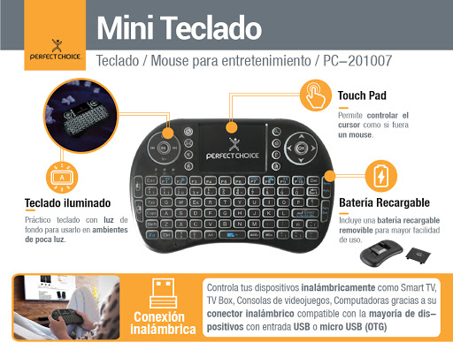 Teclado Inalámbrico C/TouchPad Integrado, Tamaño Mini, Compatible C/ TV Box, PS3, PC´S, XBOX, Color Negro, PERFECT CHOICE PC-201007