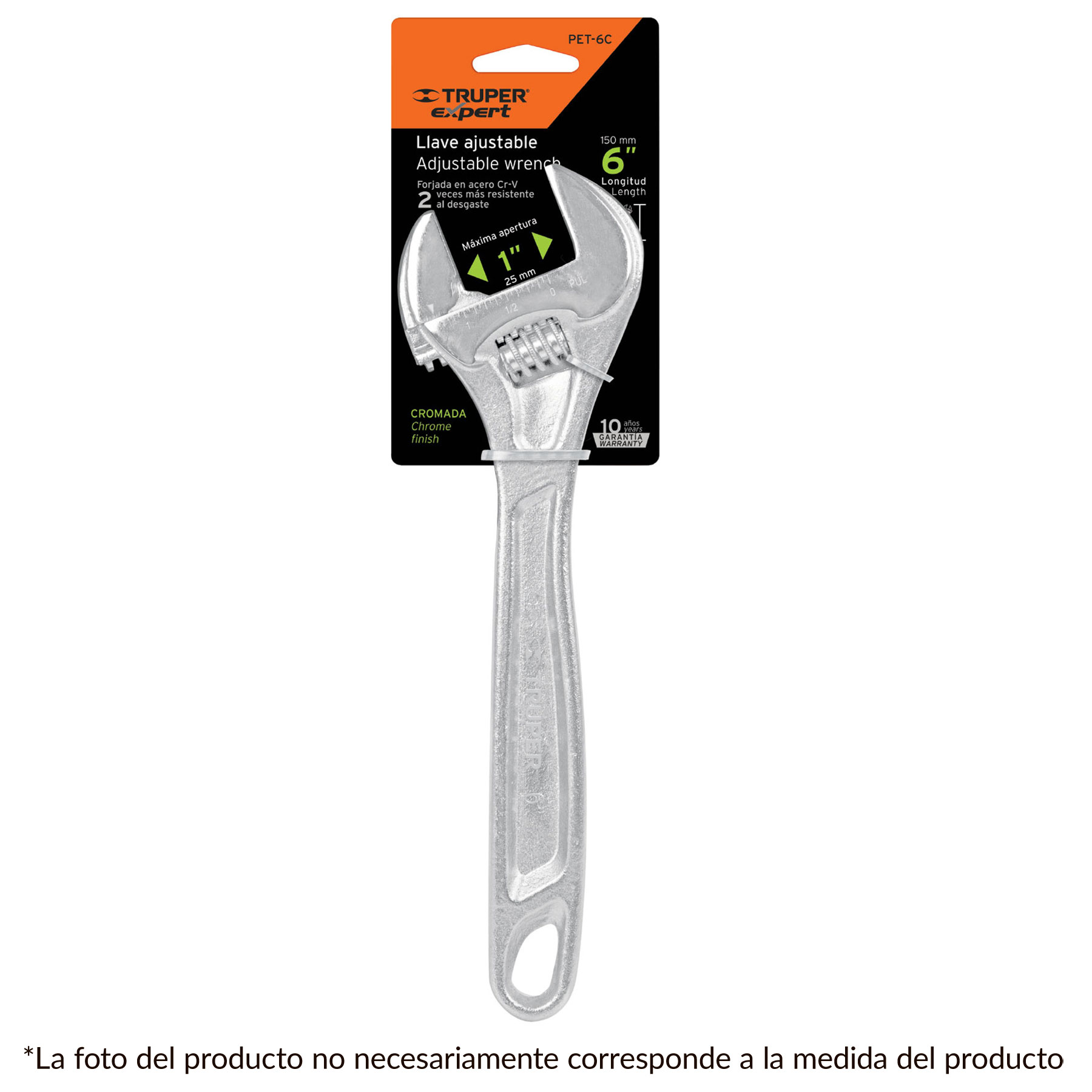 Perico Profesional Cromado, Longitud 10" (254 mm), Apertura 1 3/8" (34.9 mm), TRUPER PET-10C