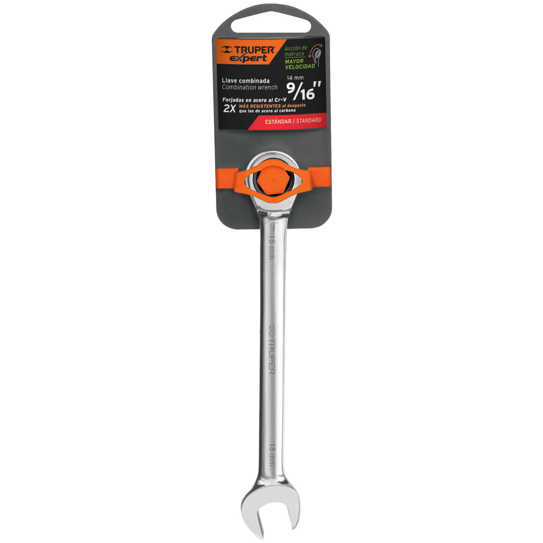 Lave Combinada con Matraca, Medida 9/16", Largo 185 mm, TRUPER LL-2018X