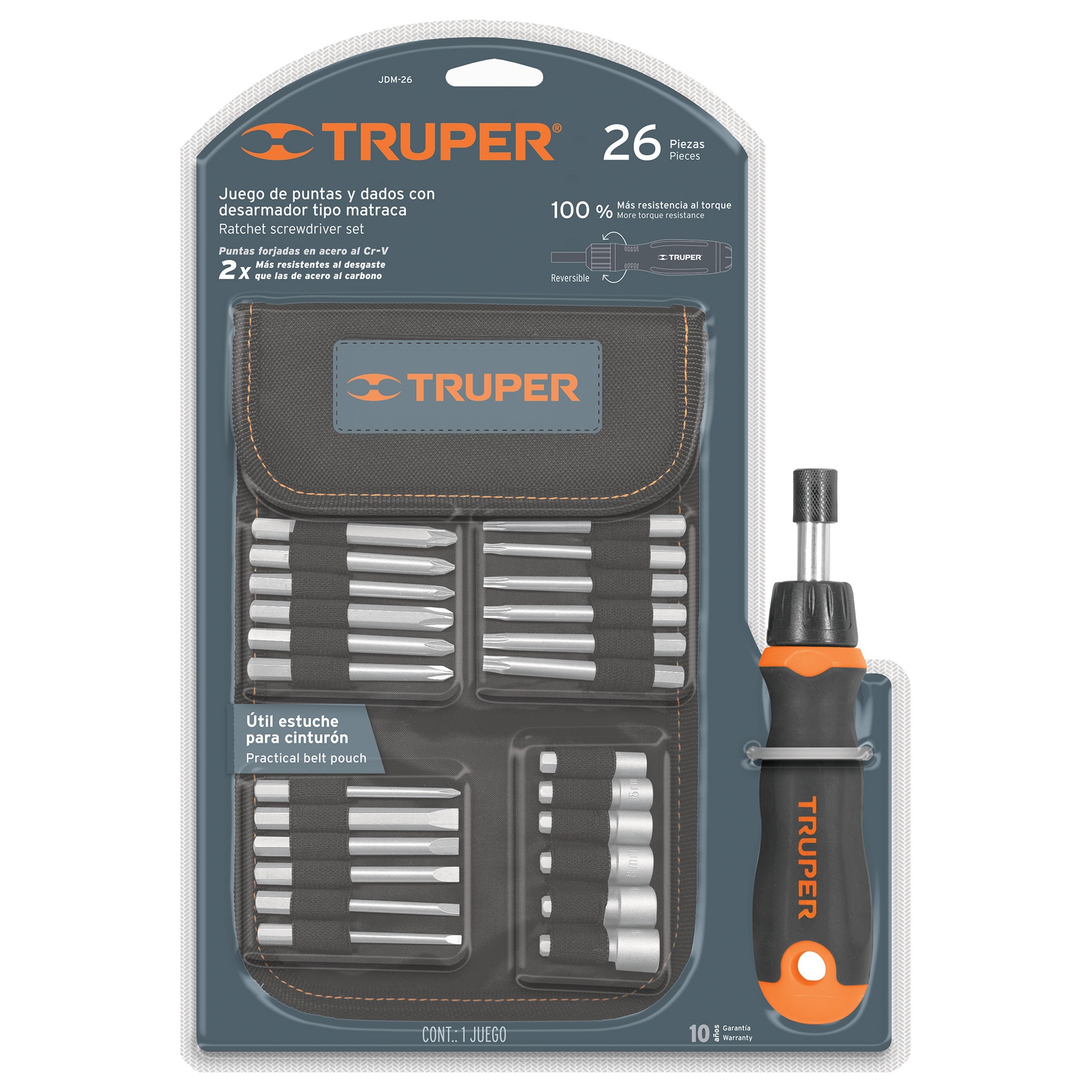 Juego de desarmador tipo matraca, 26 piezas, Truper JDM-26