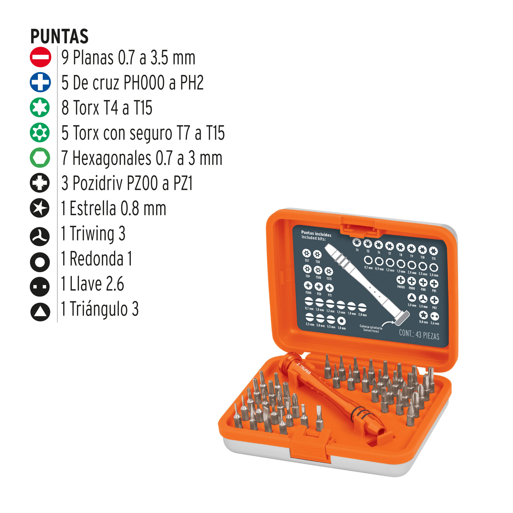 Juego Desarmadores de Joyero, Punta Intercabiable ,43 Pzas, Truper JOY-43