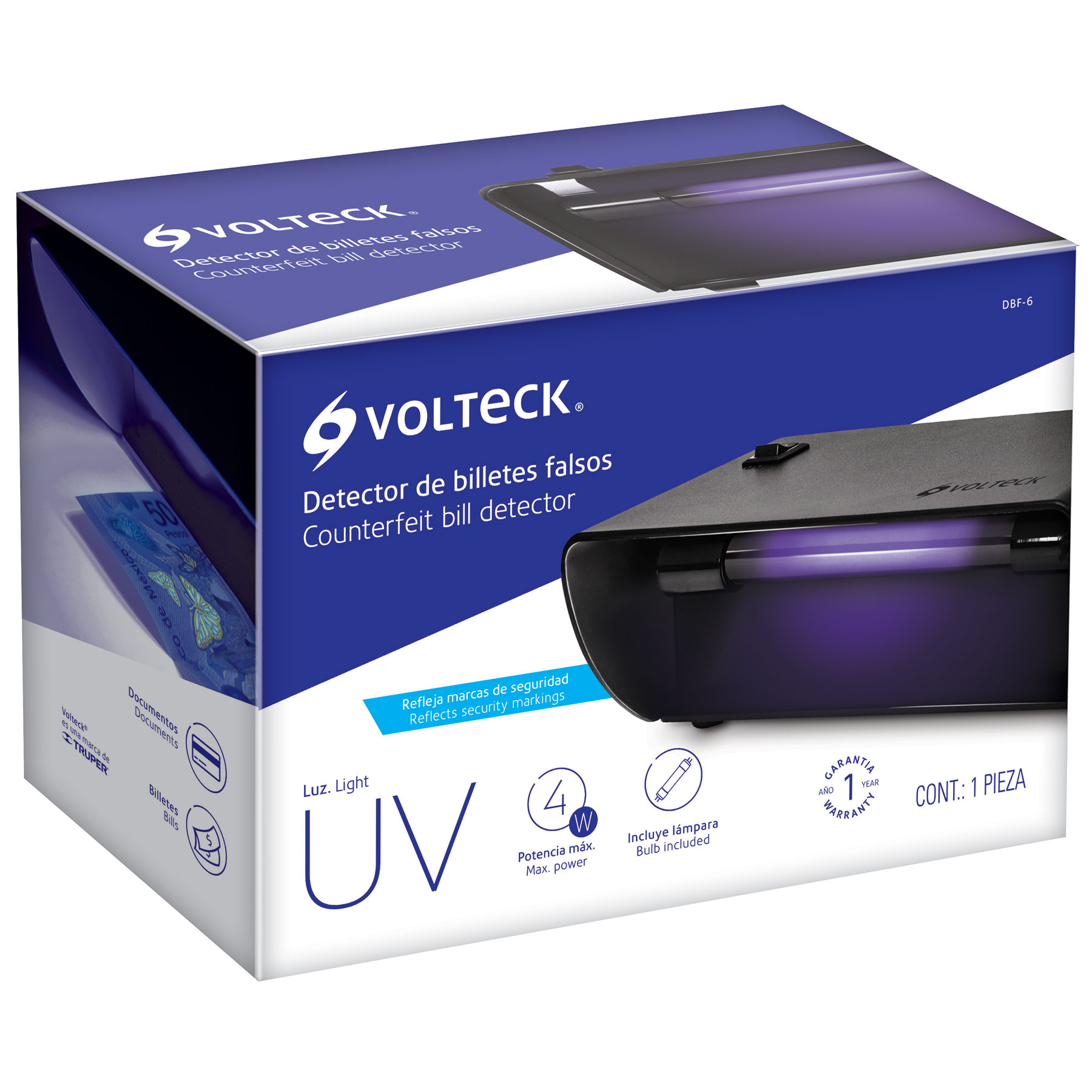 Detector de Billetes Falsos VOLTECK, Potencia 4W , Frecuencia 60Hz. TRUPER  DBF-6