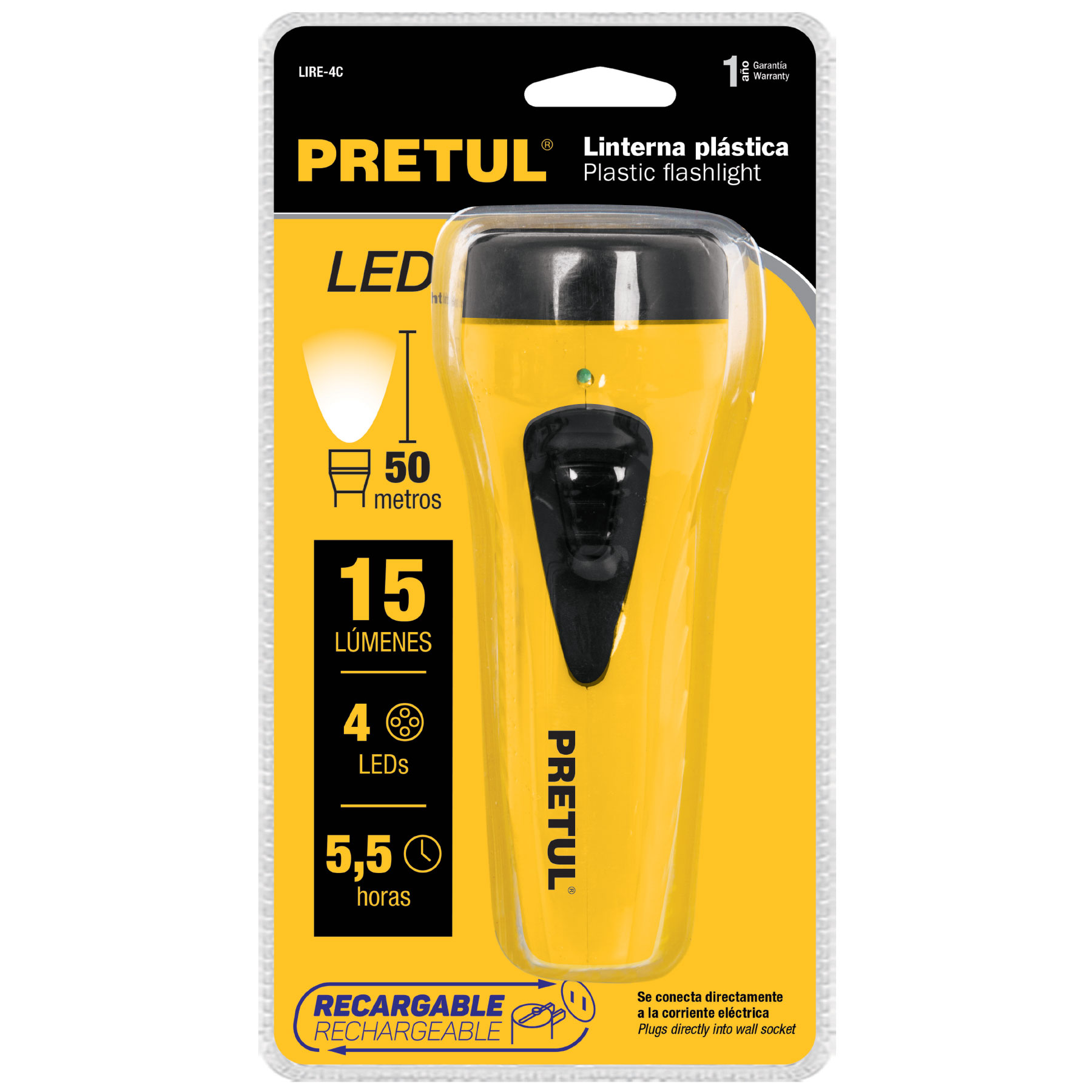 Linterna LED PRETUL, Recargable, 15 Lúmenes, TRUPER LIRE-4C