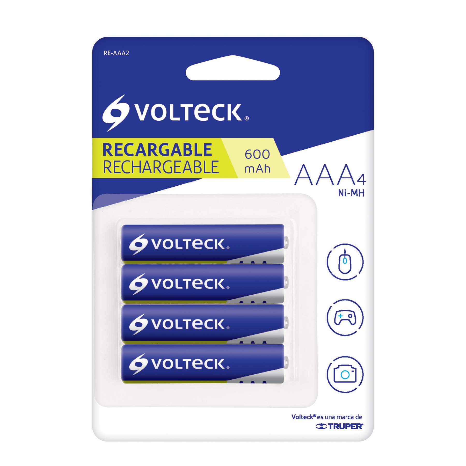Pila Recargable VOLTECK, Tamaño AAA, Voltaje 1.2 V, Capacidad 600 mAh, 4 Piezas, TRUPER RE-AAA2
