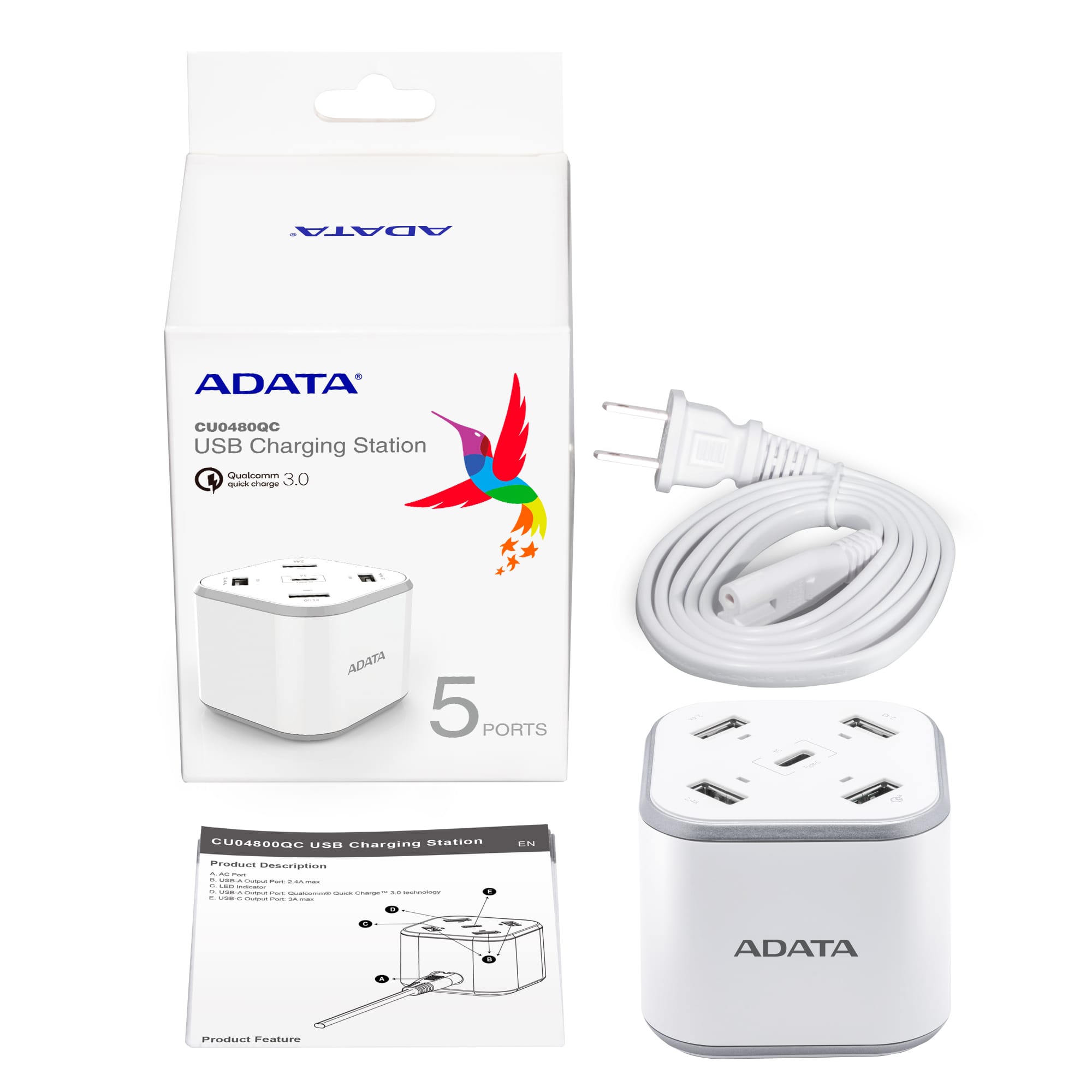 Estación de Carga, C/ 4x USB (H) / 1x USB C (H), Potencia Máxima 48W, Color Blanco, ADATA ACU0480QCPS-CUSWH