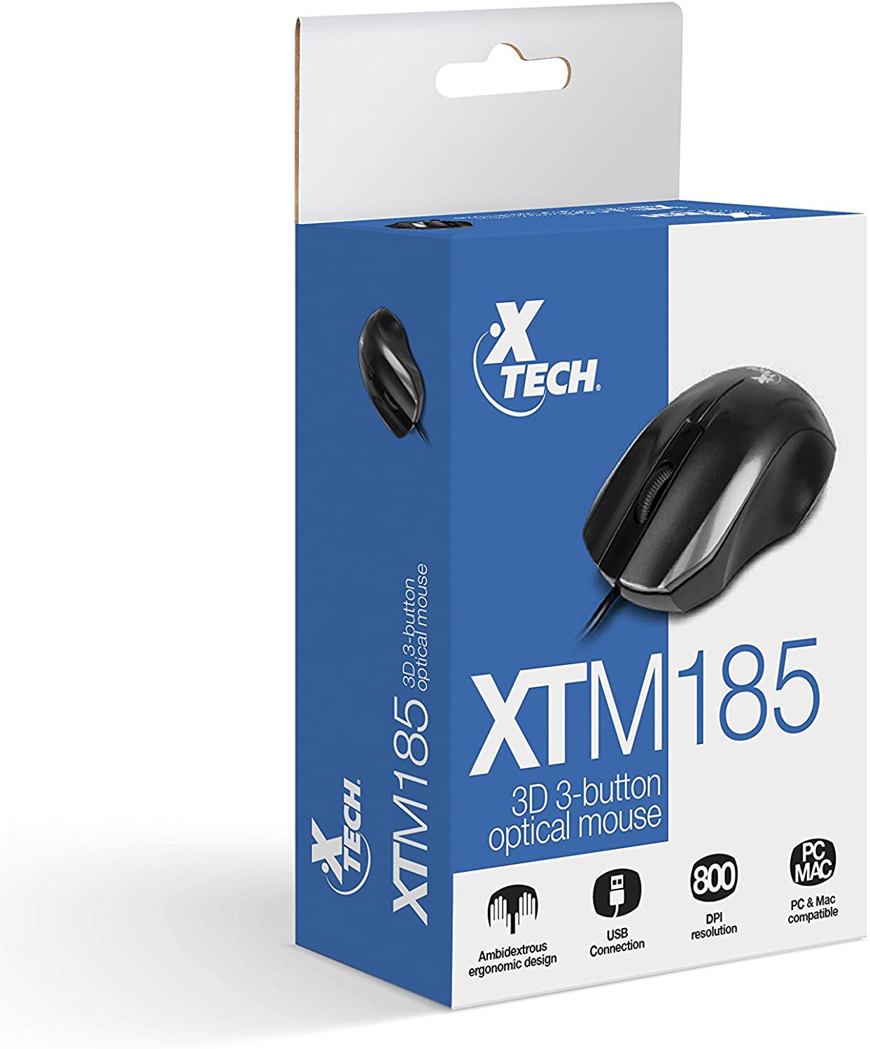 Ratón (Mouse) Óptico, Alámbrico (USB), Hasta 800 DPI, 3 Botones, Color Negro, XTECH XTM-185