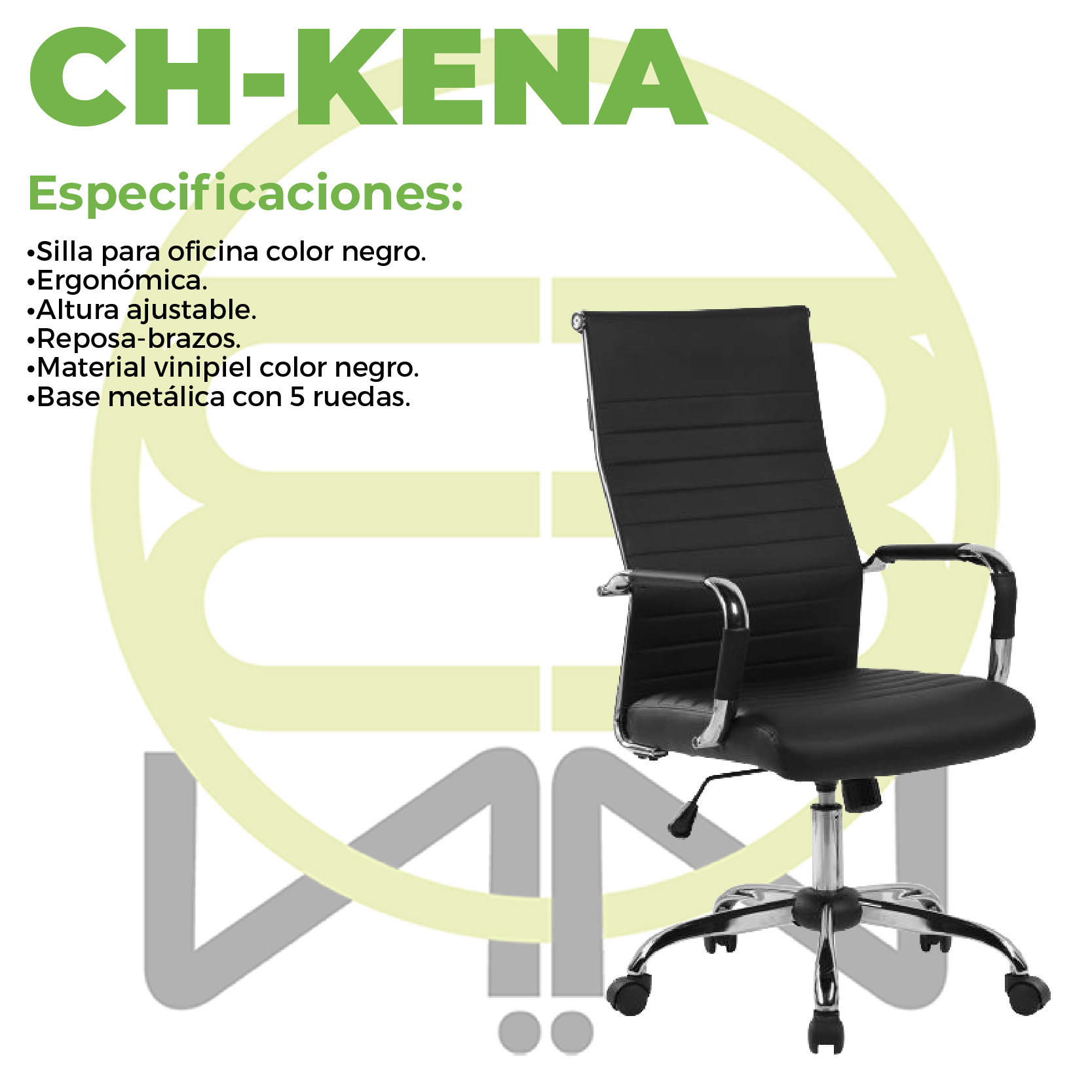 Silla de Oficina Ejecutiva, Giratoria, Respaldo Alto (65 cm), Base Metálica, Max. 85 Kg, Color Negro, CHASER CH-KENABLACK