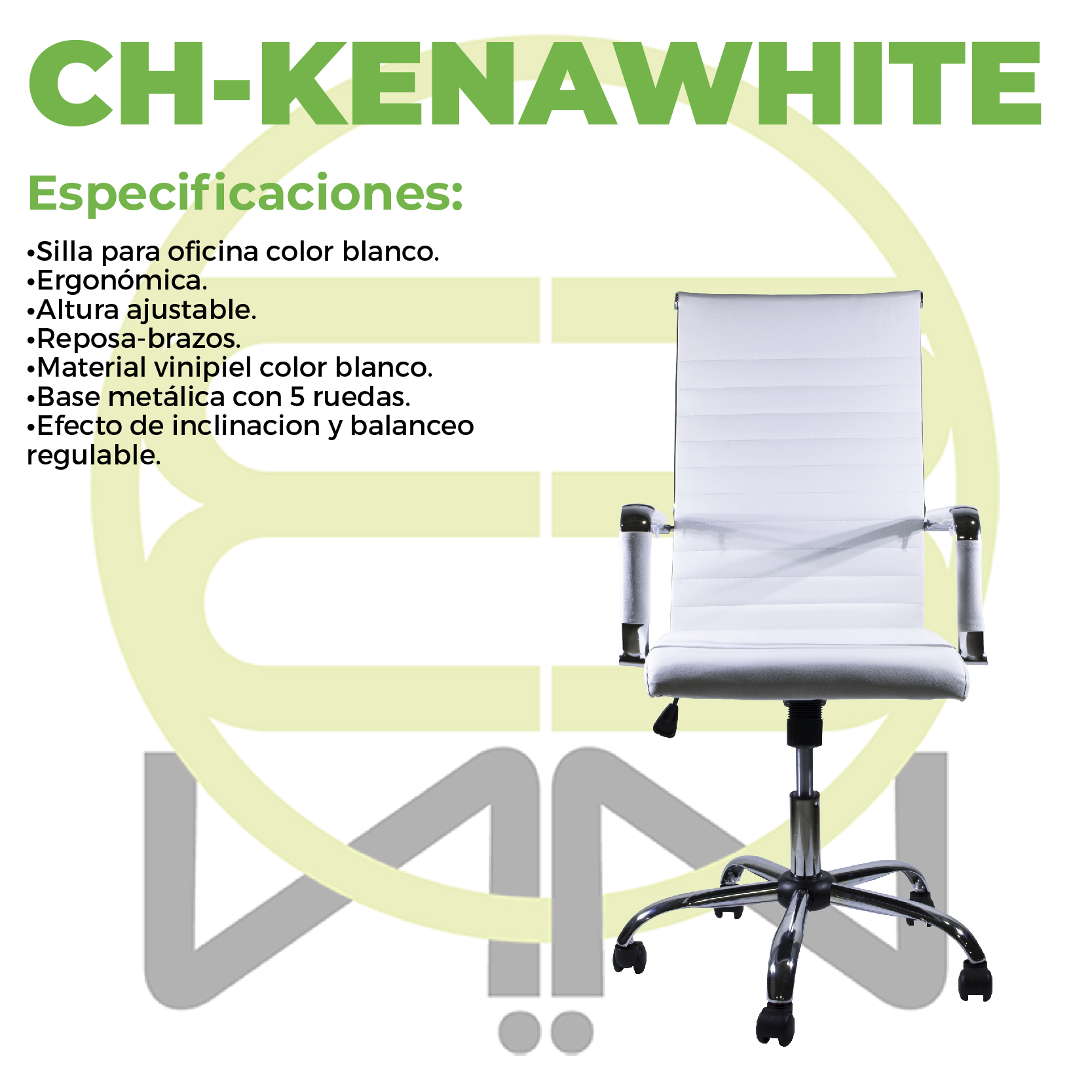 Silla de Oficina Ejecutiva, Giratoria, Respaldo Alto (65 cm), Base Metálica, Max. 85 Kg, Color Blanco, CHASER CH-KENAWHITE