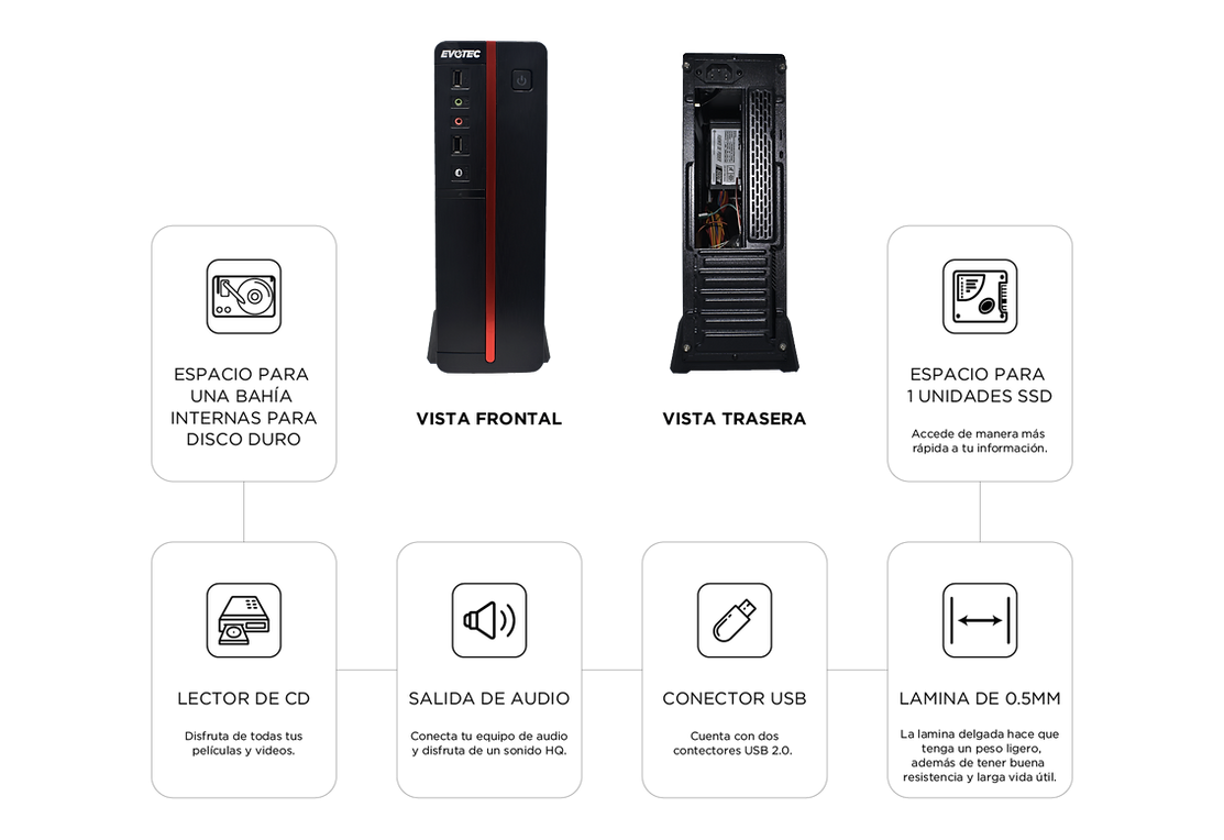 Gabinete EVOTEC, Midi-Tower, Slim, Micro-ATX/ITX, C/Fuente de 600W, Color Negro, NACEB EV-1011