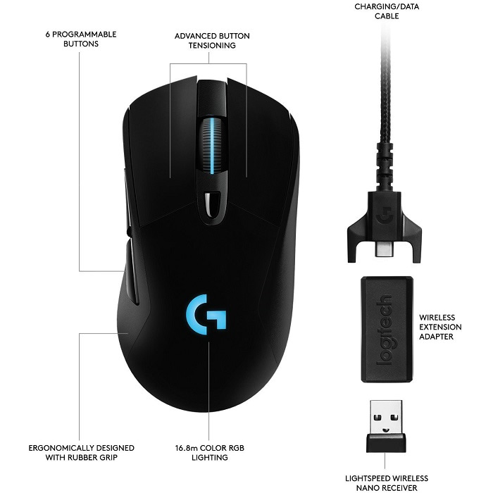 Ratón (Mouse) Gamer Modelo G703 LightSpeed, Inalámbrico (USB), Hasta 25,600 DPI, 6 Botones, Color Negro, LOGITECH 910-005639