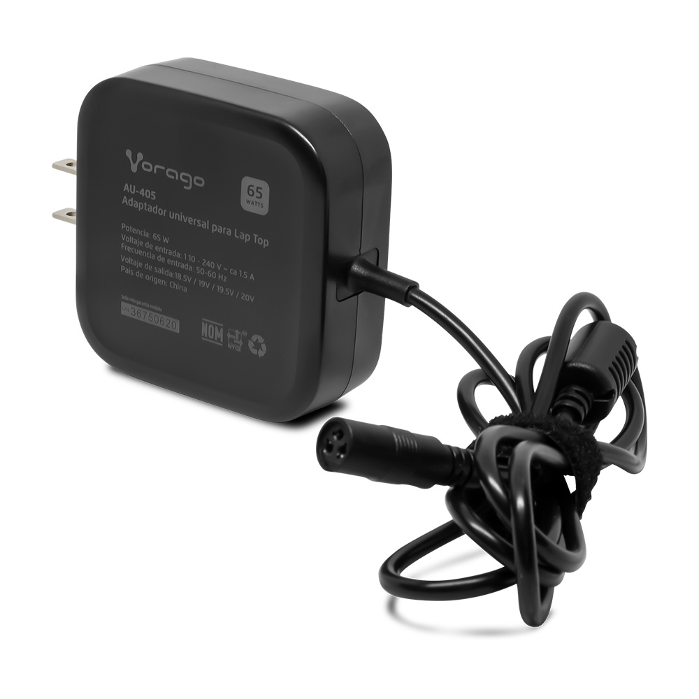 Cargador Universal De Corriente Para Laptop , 4 Puntas Intercambiables, Potencia 65W, Voltaje de Salida 18.5V/19V/ 19.5V / 20V, VORAGO AU-405