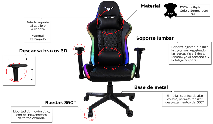 Silla Gamer Modelo Neon Demon, Iluminación RGB, Reclinable, C/ Soporte Cervical y Lumbar, Color Negro, Max. 150 Kg, NACEB NA-09S2