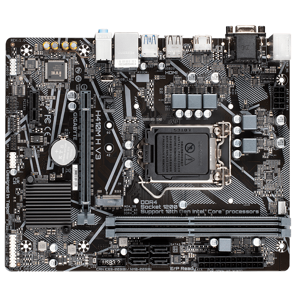 Tarjeta Madre (Mobo) Chipset Intel H410M, Soporta: Intel 10ma Gen, Socket 1200, 2xDDR4 (64GB Max), Audio HD, Red, USB 3.2 y SATA 3.0, ATX, PCIEx16, PCIEx1, GIGABYTE H410M H (copia)