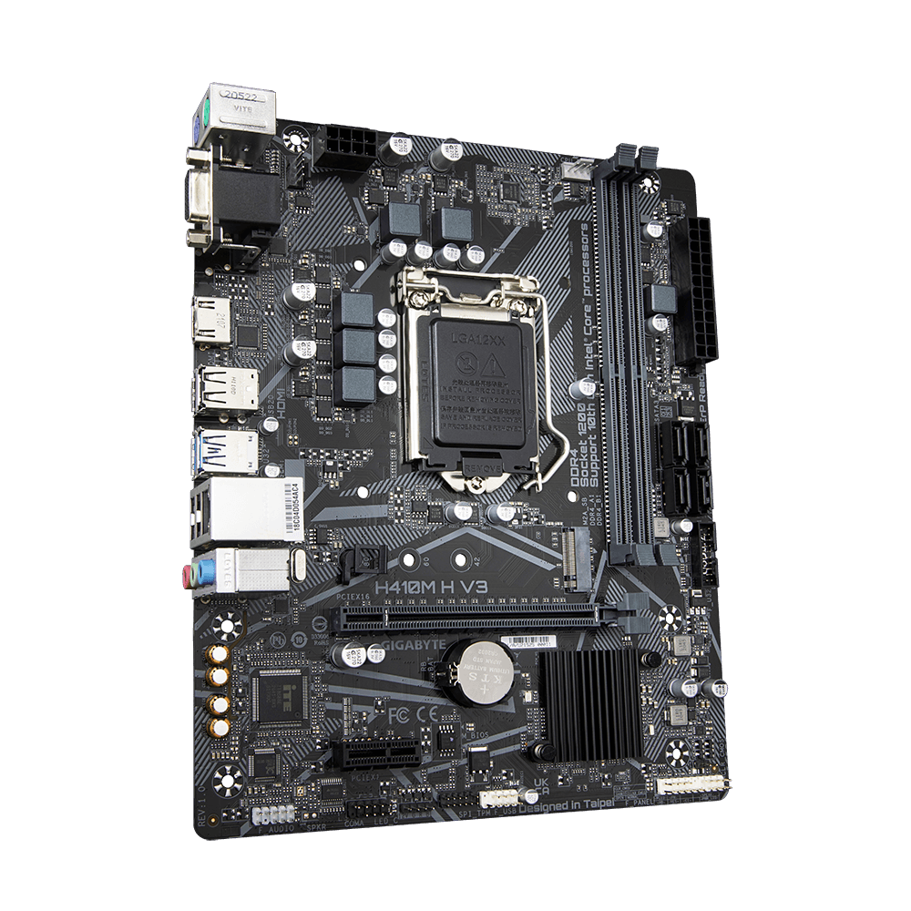 Tarjeta Madre (Mobo) Chipset Intel H410M, Soporta: Intel 10ma Gen, Socket 1200, 2xDDR4 (64GB Max), Audio HD, Red, USB 3.2 y SATA 3.0, ATX, PCIEx16, PCIEx1, GIGABYTE H410M H (copia)