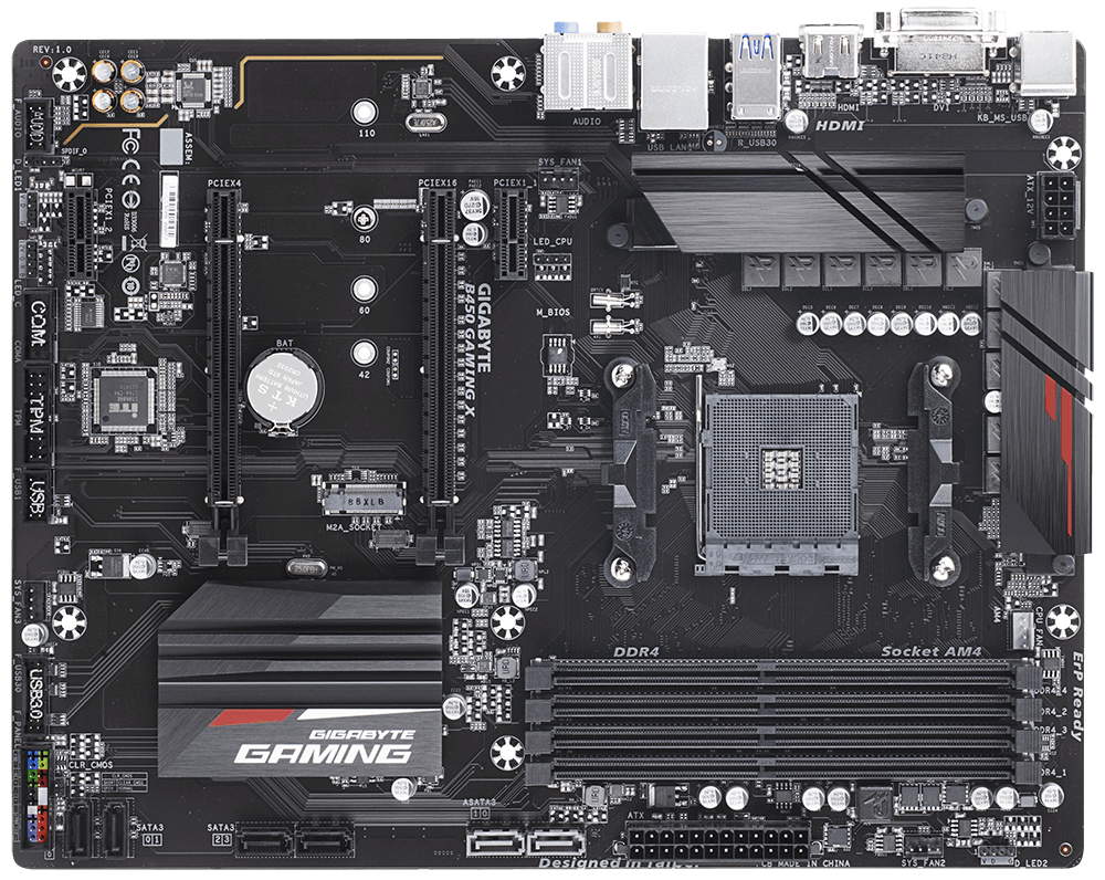 Tarjeta Madre (Mobo) B450 GAMING X, ChipSet AMD B450, Socket AM4 (Compatible con Ryzen 5000), 4x DDR4 (Max 128GB), ATX, GIGABYTE B450 GAMING X