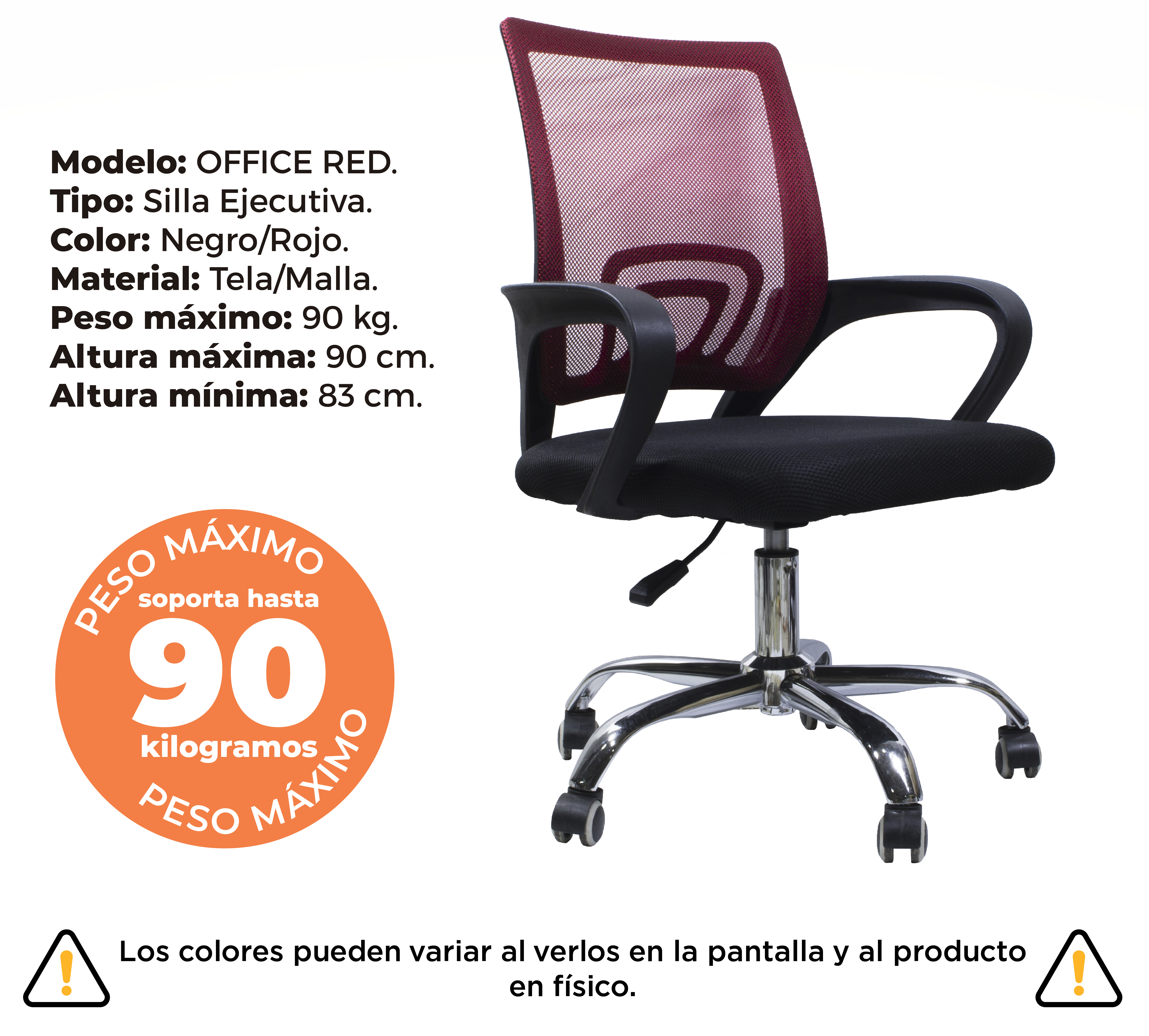 Silla de Oficina, Giratoria, Respaldo Malla Negra, Base Metálica, Resplado Color Rojo, CHASER CH-OFFICERED