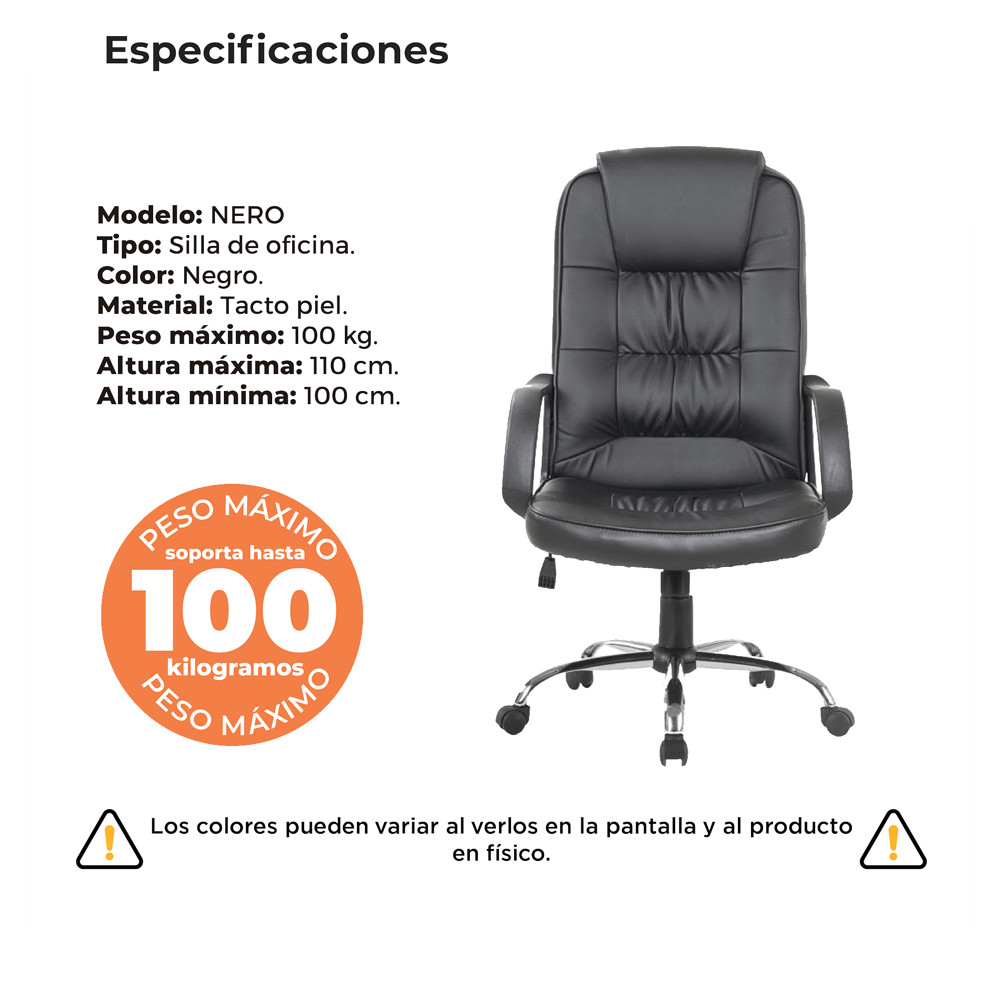 Silla Ejecutiva Color Negro, Respaldo Alto, Base de Metal, Giratoria, CHASER CH-NEROBLACK
