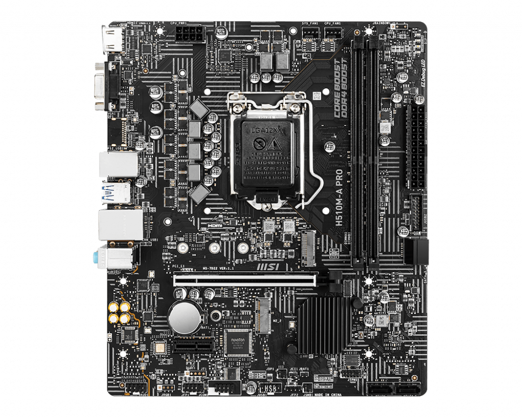 Tarjeta Madre (MoBo) Chipset Intel H510, Soporta: Intel 10ma / 11va Gen, Socket 1200, 2xDDR4 (64GB Max), Audio HD, Red, USB 3.2 y SATA 3.0, ATX, PCIEx16, PCIEx1, MSI H510-A PRO