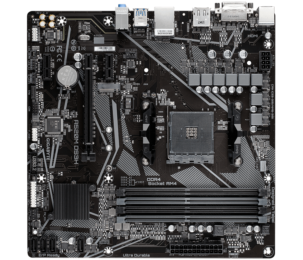 Tarjeta Madre (MoBo) A520M, 4x DIMM DDR4 (Max 128GB RAM), 1x HDMI / 1x DVI-D / 1x DP, Micro ATX, Socket AMD AM4, GIGABYTE A520M DS3H