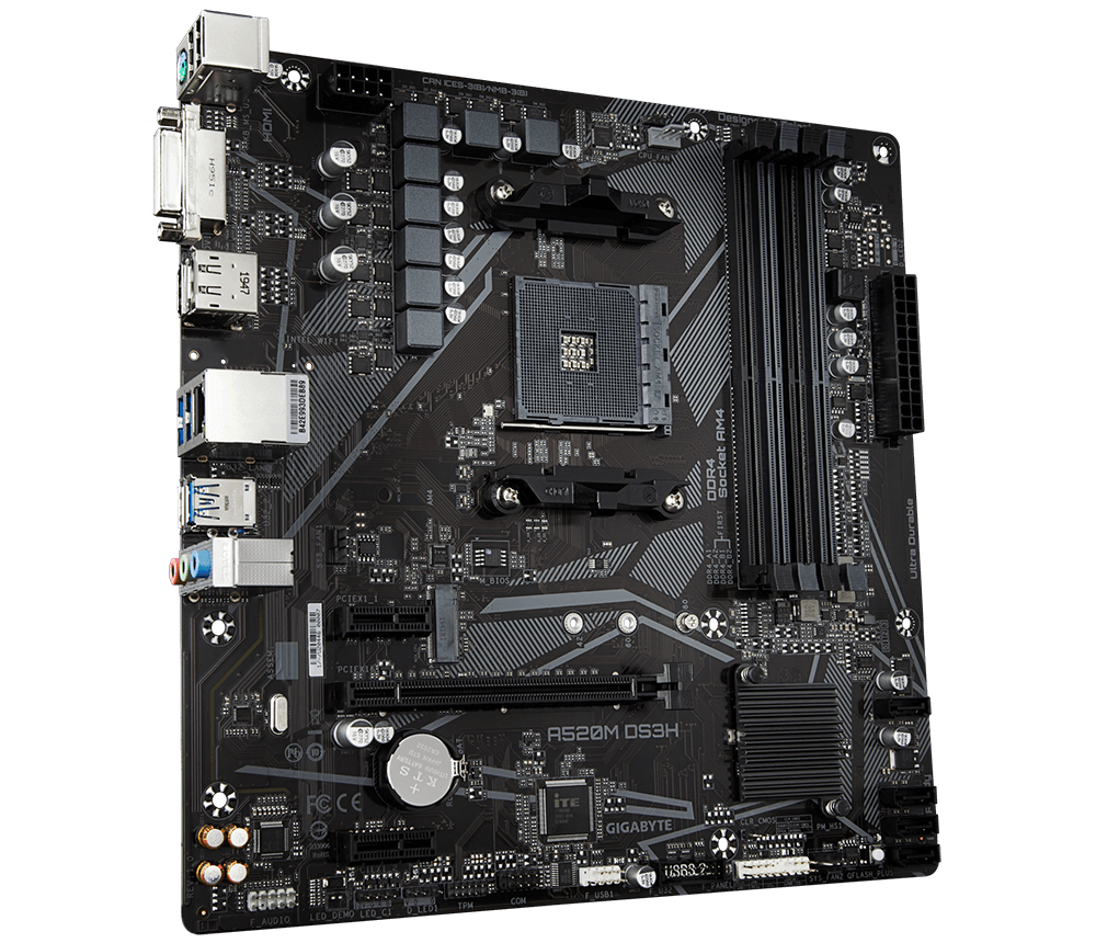 Tarjeta Madre (MoBo) A520M, 4x DIMM DDR4 (Max 128GB RAM), 1x HDMI / 1x DVI-D / 1x DP, Micro ATX, Socket AMD AM4, GIGABYTE A520M DS3H
