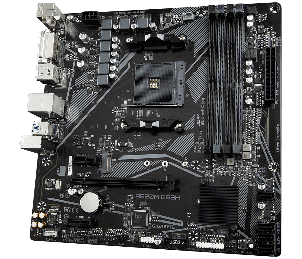 Tarjeta Madre (MoBo) A520M, 4x DIMM DDR4 (Max 128GB RAM), 1x HDMI / 1x DVI-D / 1x DP, Micro ATX, Socket AMD AM4, GIGABYTE A520M DS3H