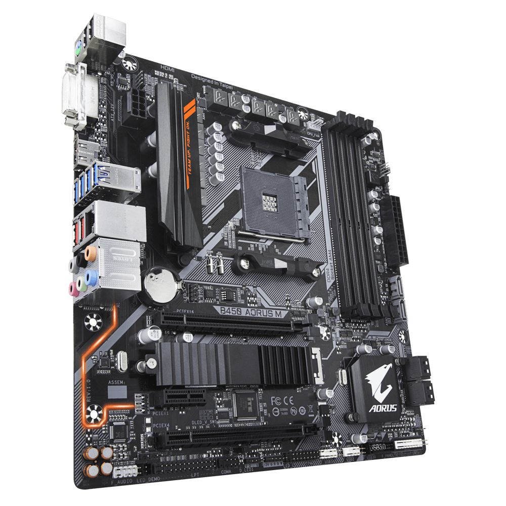 Tarjeta Madre (Mobo) B450 AORUS M, ChipSet AMD B450, para AMD Ryzen 1era / 2da / 3era Gen, 4xDDR4, Audio HD, Red, USB 3.0, SATA 3.0, ATX, GIGABYTE B450 AORUS M