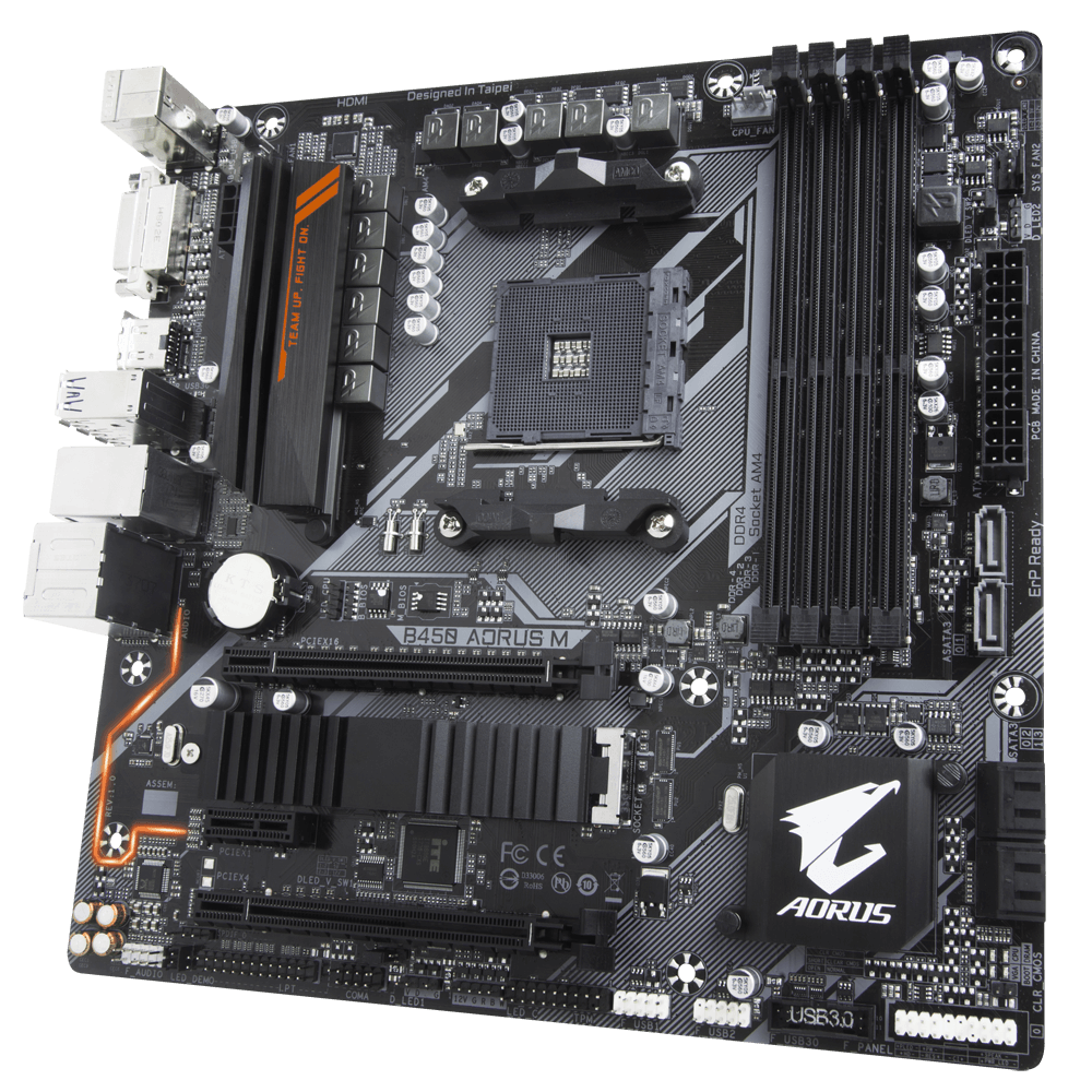 Tarjeta Madre (Mobo) B450 AORUS M, ChipSet AMD B450, para AMD Ryzen 1era / 2da / 3era Gen, 4xDDR4, Audio HD, Red, USB 3.0, SATA 3.0, ATX, GIGABYTE B450 AORUS M