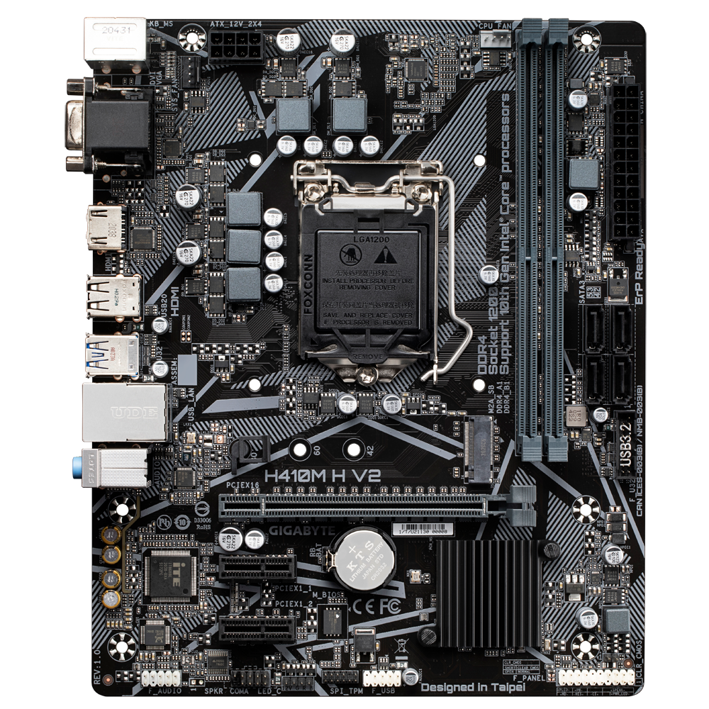 Tarjeta Madre (Mobo) Chipset Intel H470, Soporta: Intel 10ma Gen, Socket 1200, 2xDDR4 (64GB Max), Audio HD, Red, USB 3.2 y SATA 3.0, ATX, PCIEx16, PCIEx1, GIGABYTE H410M H V2