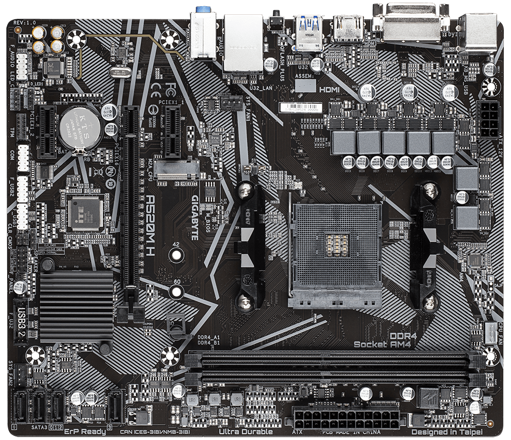Tarjeta Madre (MoBo) A520M, 2x DIMM DDR4 (Max 64GB RAM), 1x HDMI / 1x DVI-D, Micro ATX, Socket AMD AM4, GIGABYTE A520M H