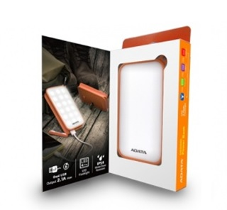Batería Portátil recargable y linterna LED ADATA D8000L Powerbank de 8,000 mAh. Color Naranja