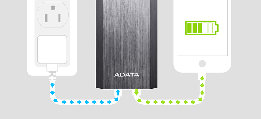 Batería Portátil recargable ADATA A10050 Powerbank de 10,050 mAh. Color Dorado