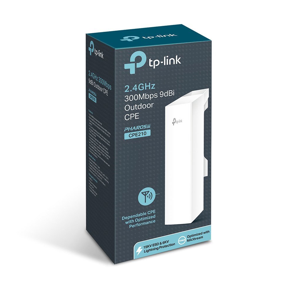 CPE de Exterior de 9dBi en 2.4GHz a 300Mbps, Antena Direccional, Con Adaptador PoE Pasivo, TP-LINK CPE210