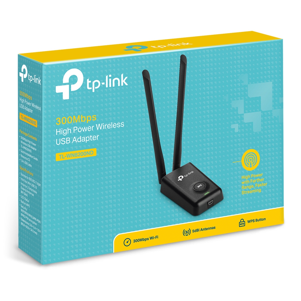 Adaptador USB Inalámbrico de Alta Potencia N 300Mbps, USB 2.0, 2 Antenas Desmontables de 5dBi, TP-LINK TL-WN8200ND 
