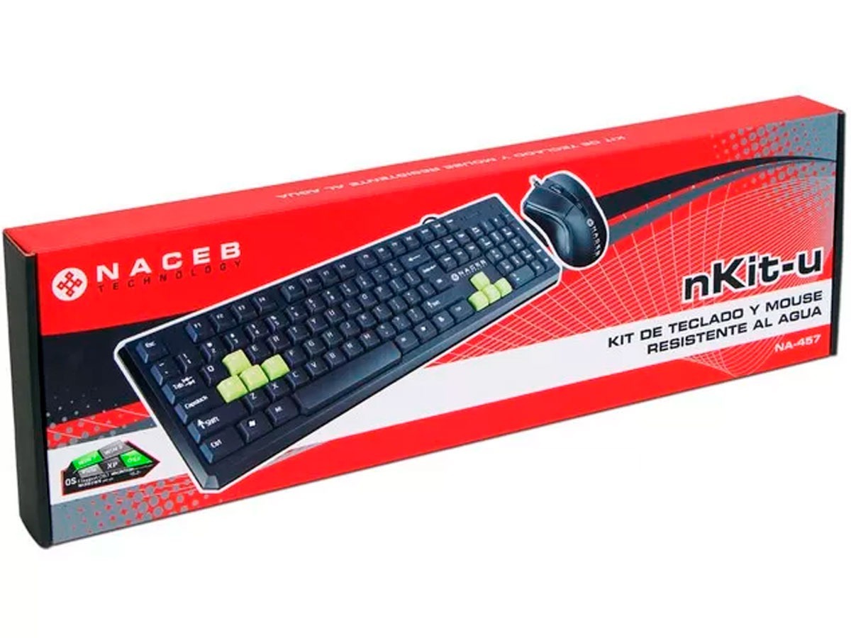 Kit de Teclado Multimedia y Mouse Alámbricos NA-457, USB, Plug and Play, Color Negro, Resistente al Agua, NACEB NA-457