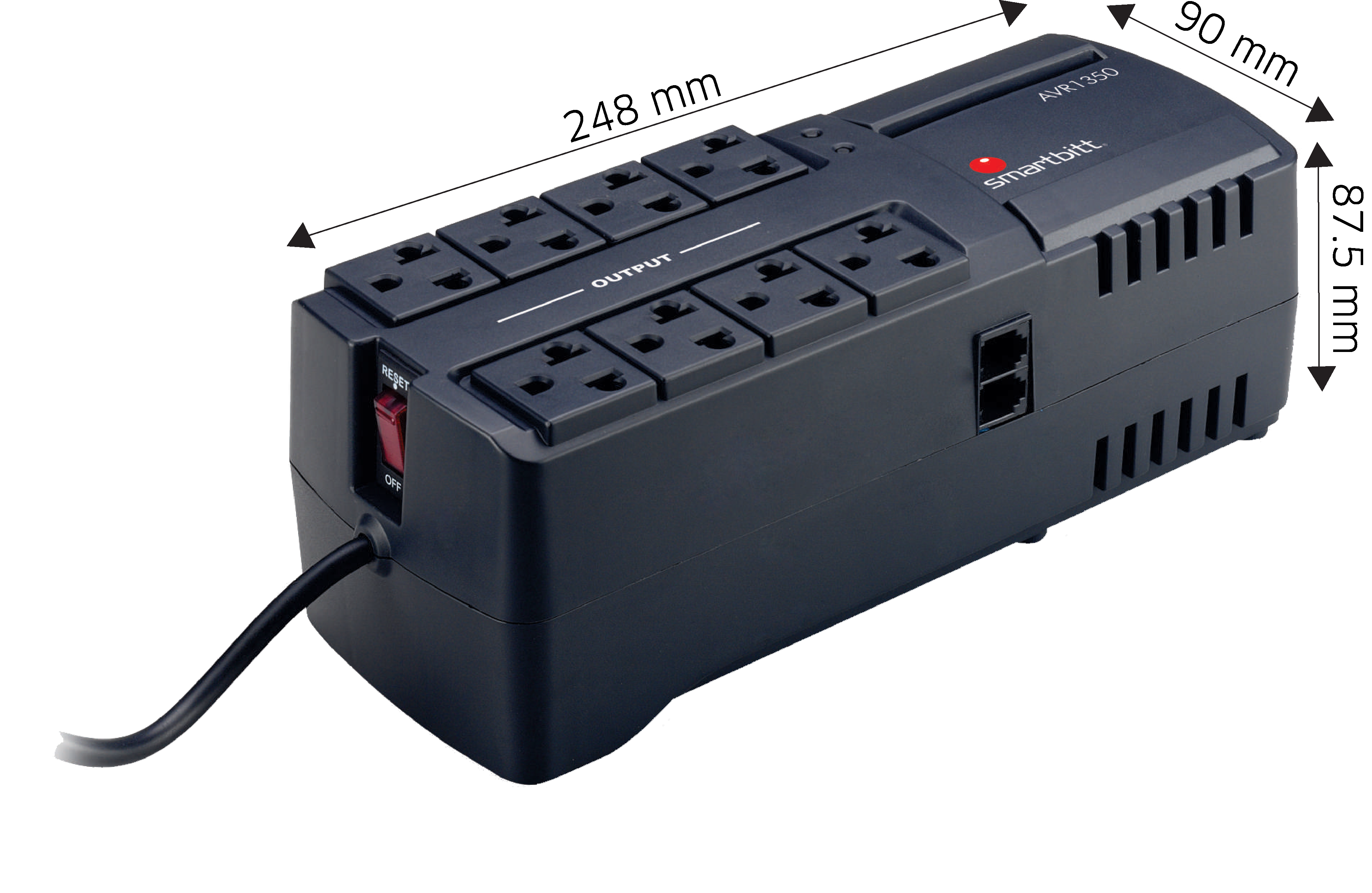 Regulador de Voltaje | Modelo: SBAVR1350 | 1350VA/675W | 8 Contactos | Proteccion RJ11 | Smartbitt SBAVR1350