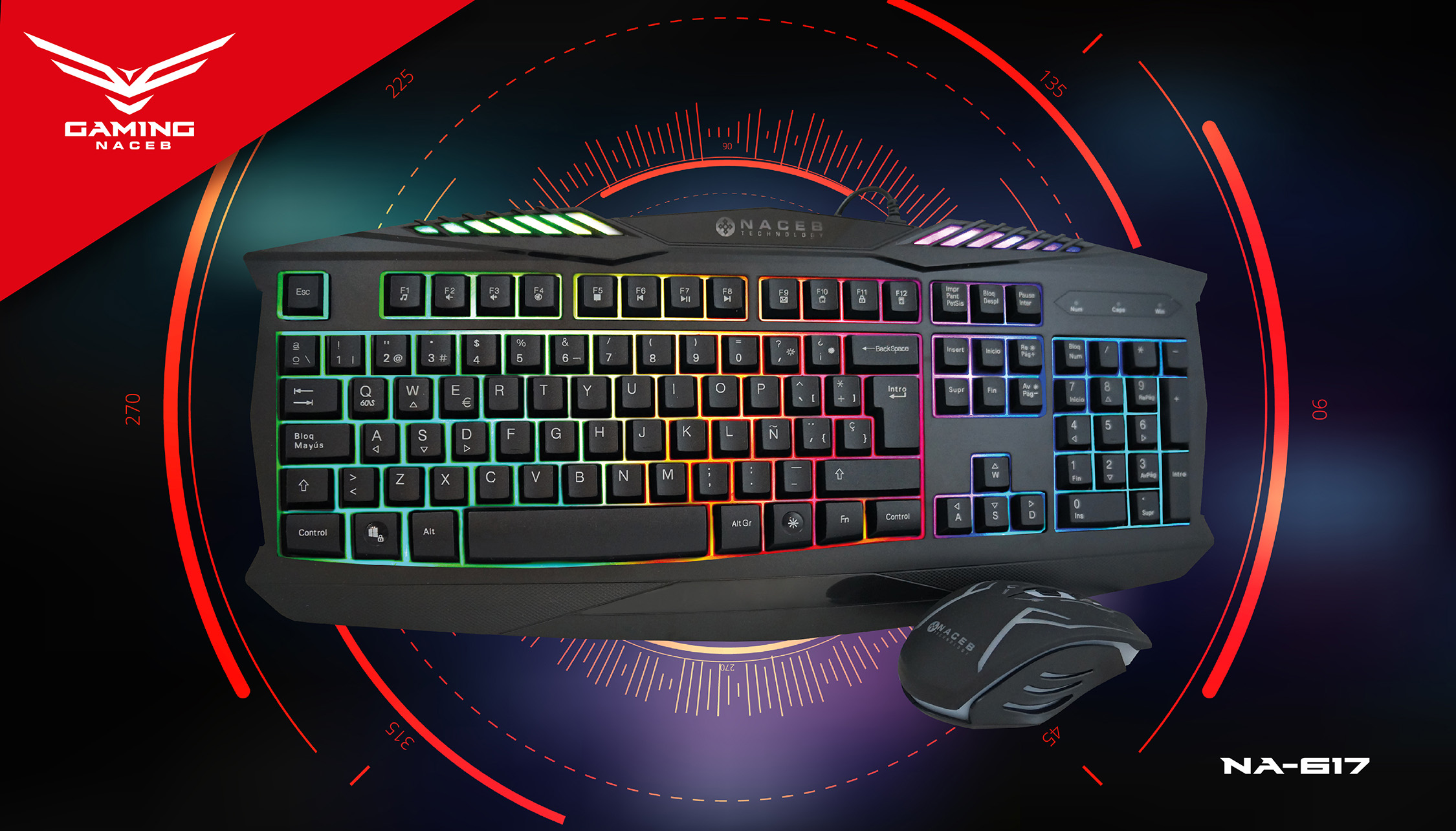 Kit de Teclado y Mouse Alambrico Gamer Naceb Na-617 USB Español Led 4 colores