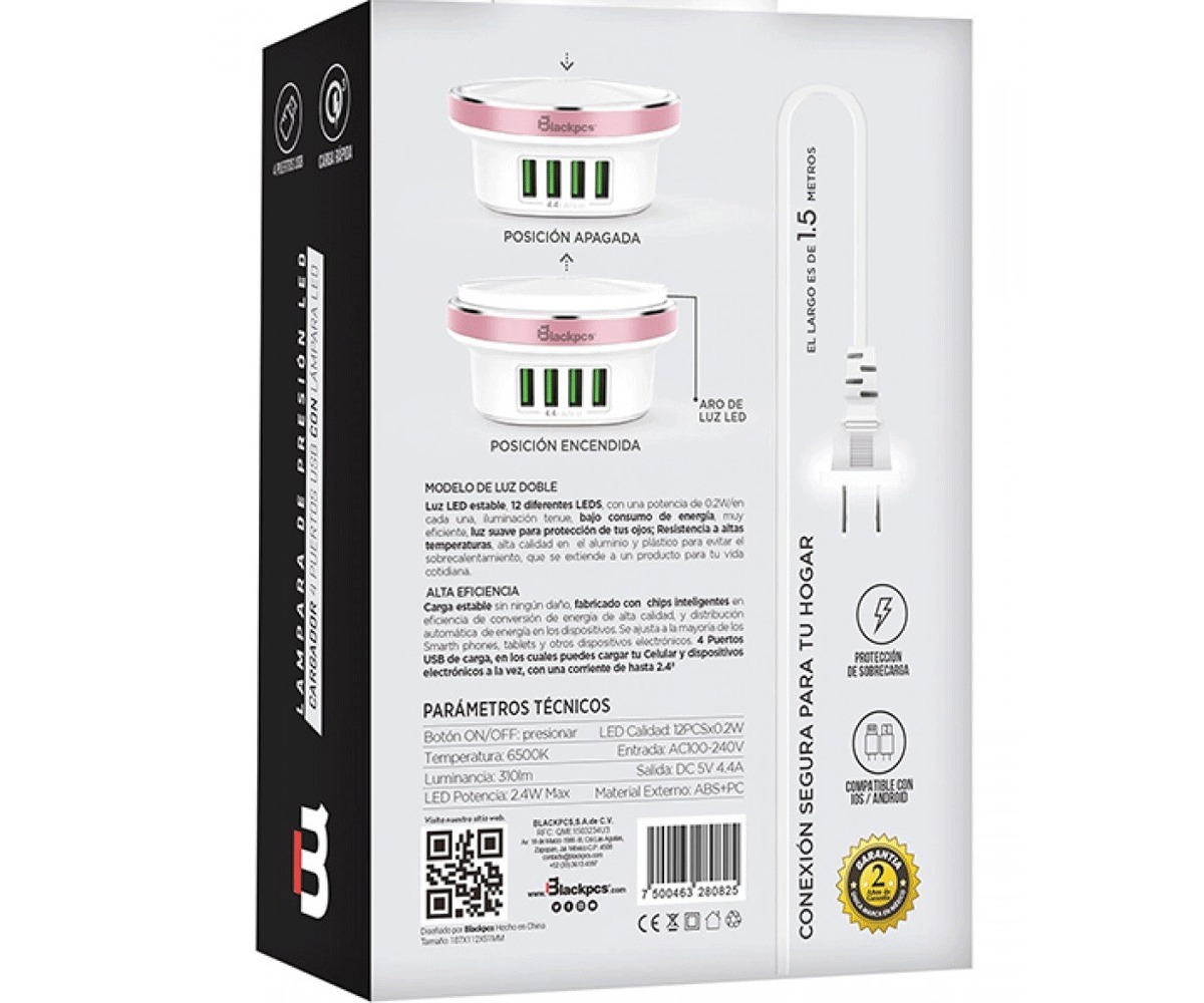 Lámpara de Presión LED, C/4 Puertos USB (5V-4.4A), Color Blanco, Blackpcs ESH054-P