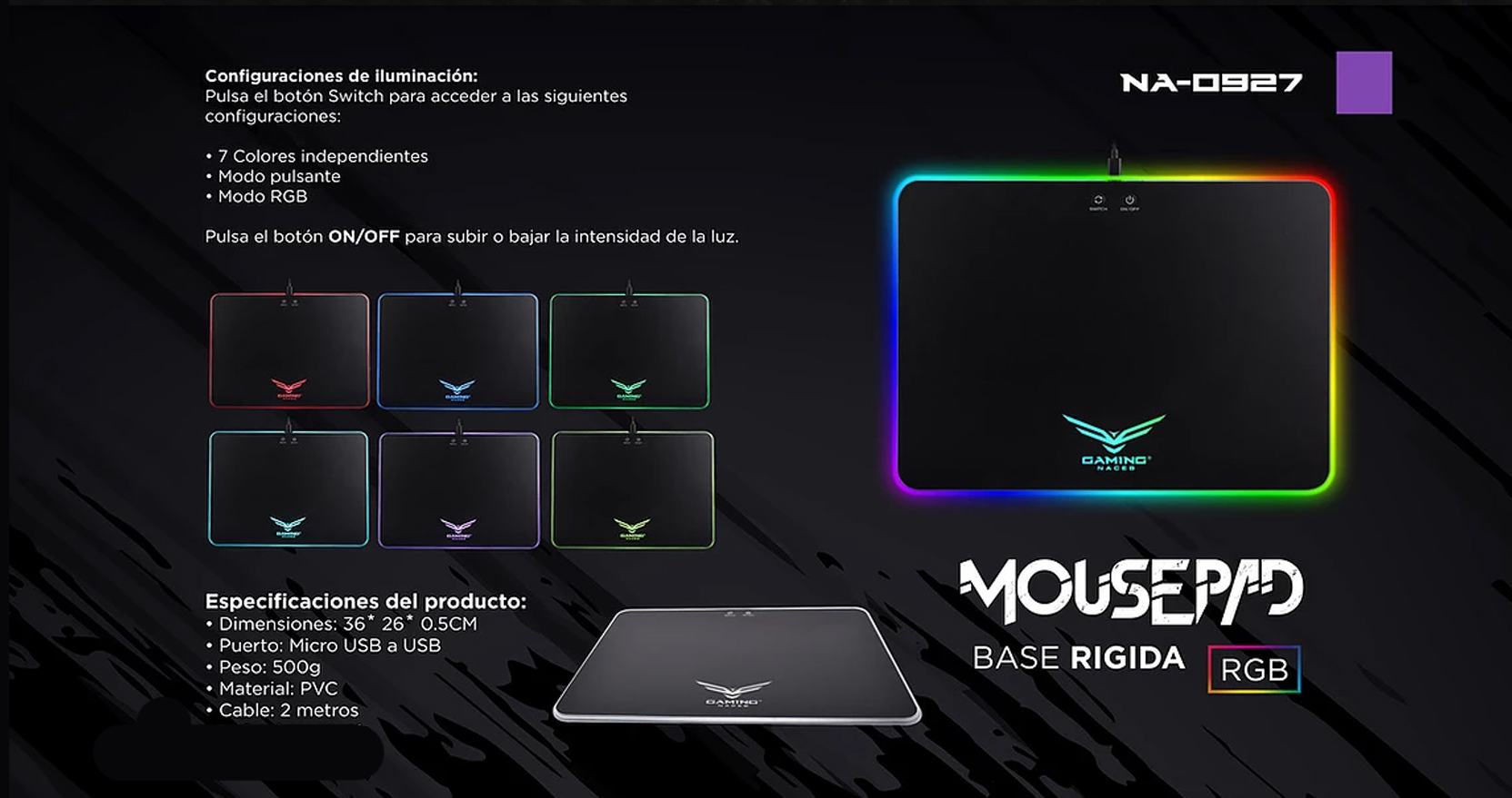 MousePad Gamer, 36x26cm, Color Negro, RGB, NACEB NA-0927