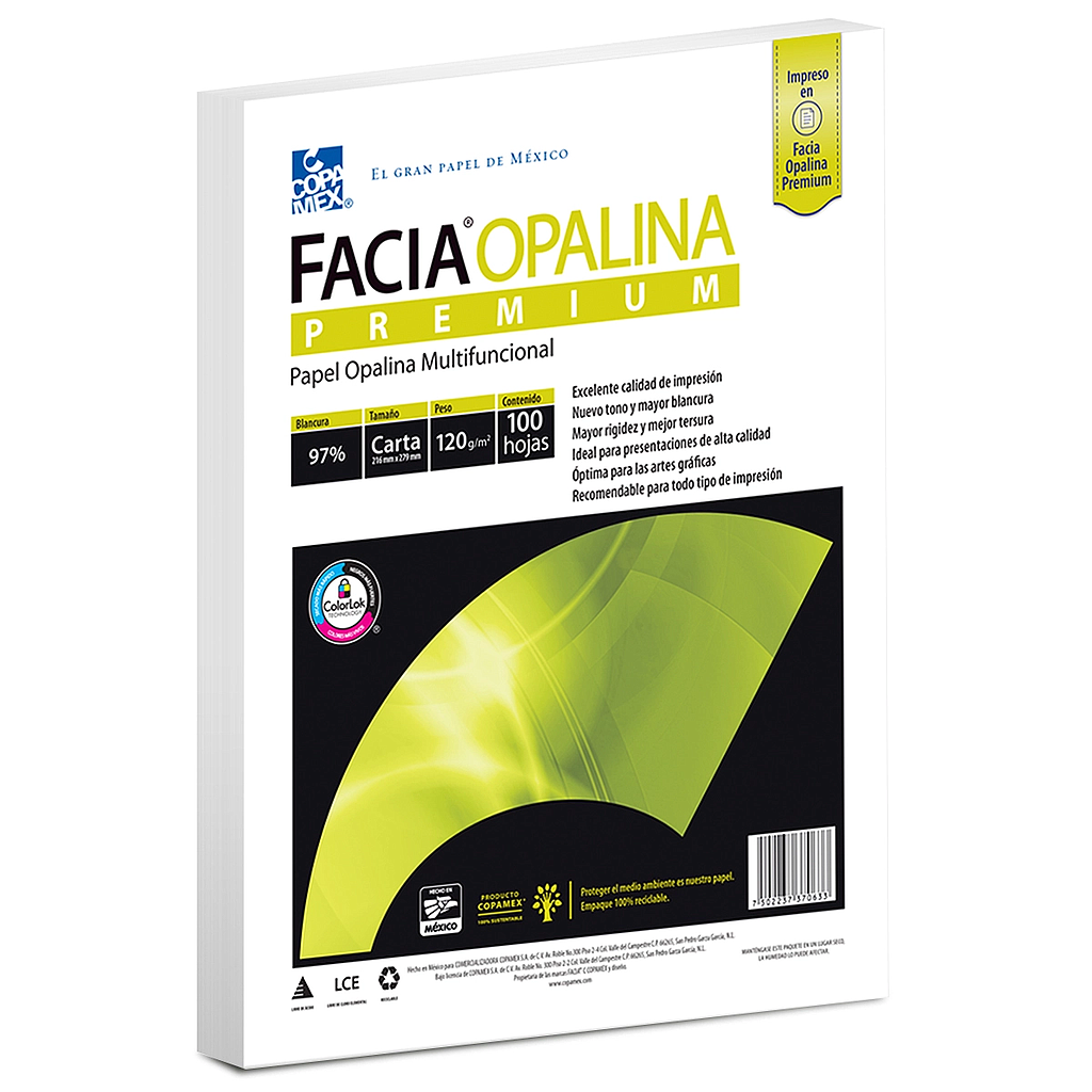 Papel Opalina, Tamaño Carta, Blancura 97%, 120 gr, 100 Hojas, COPAMEX POB100