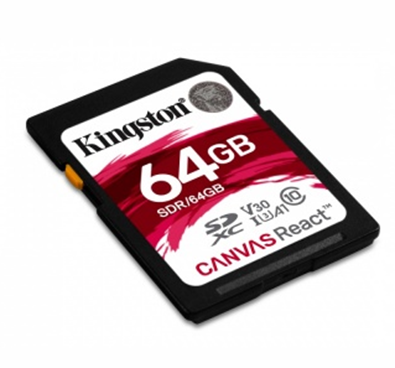 Tarjeta SDXC, Canvas React™, Capacidad 64GB, Clase 10 UHS-I U3, 100MB/seg (lectura) y 80MB/seg (escritura), Clase de Velocidad de Video UHS-I (V30), Kingston SDR/64GB
