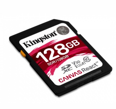Tarjeta SDXC, Canvas React™, Capacidad 128GB, Clase 10 UHS-I U3, 100MB/seg (lectura) y 80MB/seg (escritura), Clase de Velocidad de Video UHS-I (V30), Kingston SDR/128GB