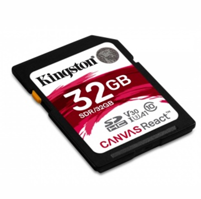 Tarjeta SDXC, Canvas React™, Capacidad 32GB, Clase 10 UHS-I U3, 100MB/seg (lectura) y 80MB/seg (escritura), Clase de Velocidad de Video UHS-I (V30), Kingston SDR/32GB