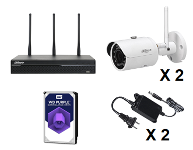 Kit de Video Vigilancia, 1 DVR 4 Canales IP WIFI + 2 Cámaras IP Bullet 3 Megapixeles, 2 Transformadores de Voltaje, 1 HDD 1TB Optimizado para Video Vigilancia, DAHUA DPP2CHWIFI