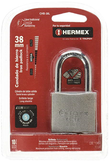 Candado de Hierro HERMEX, Largo 38 mm, Gancho Corto Anti-Robo, Nivel de Seguridad 3, TRUPER CHB-38