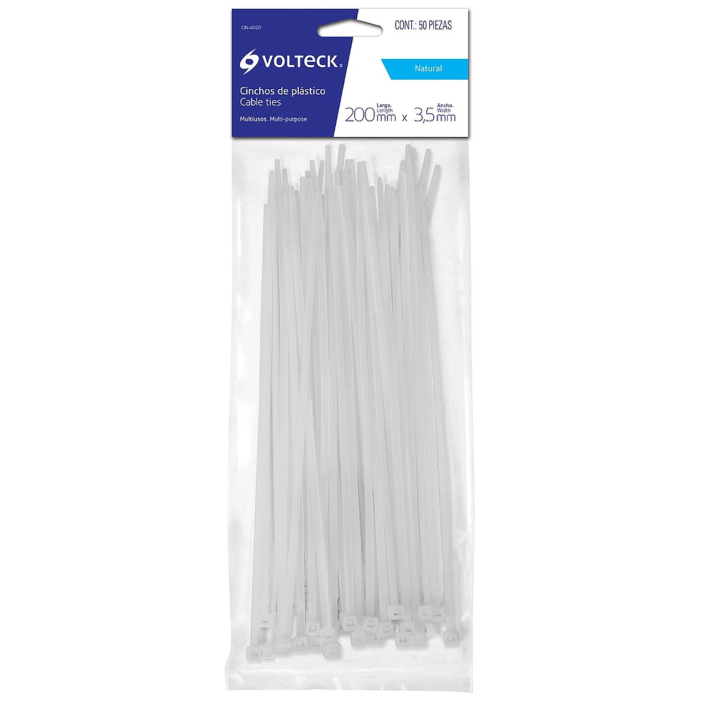 Cincho Plástico VOLTECK, Tensión 40 Libras, Longitud 20 Centímetros, Color Natural, 50 Piezas, Bolsa, TRUPER CIN-4020